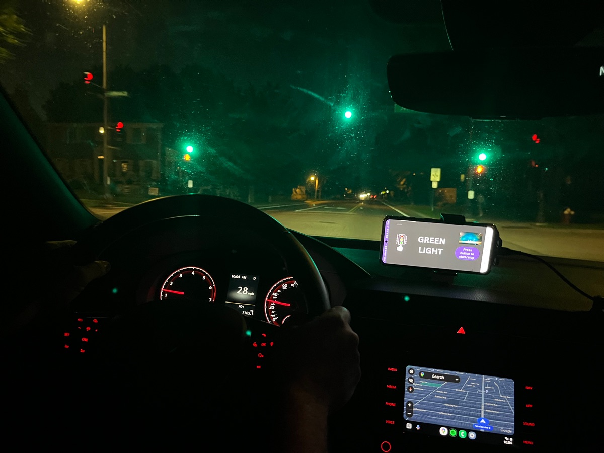 Driver's view of SignalGrab detecting a green light ahead
