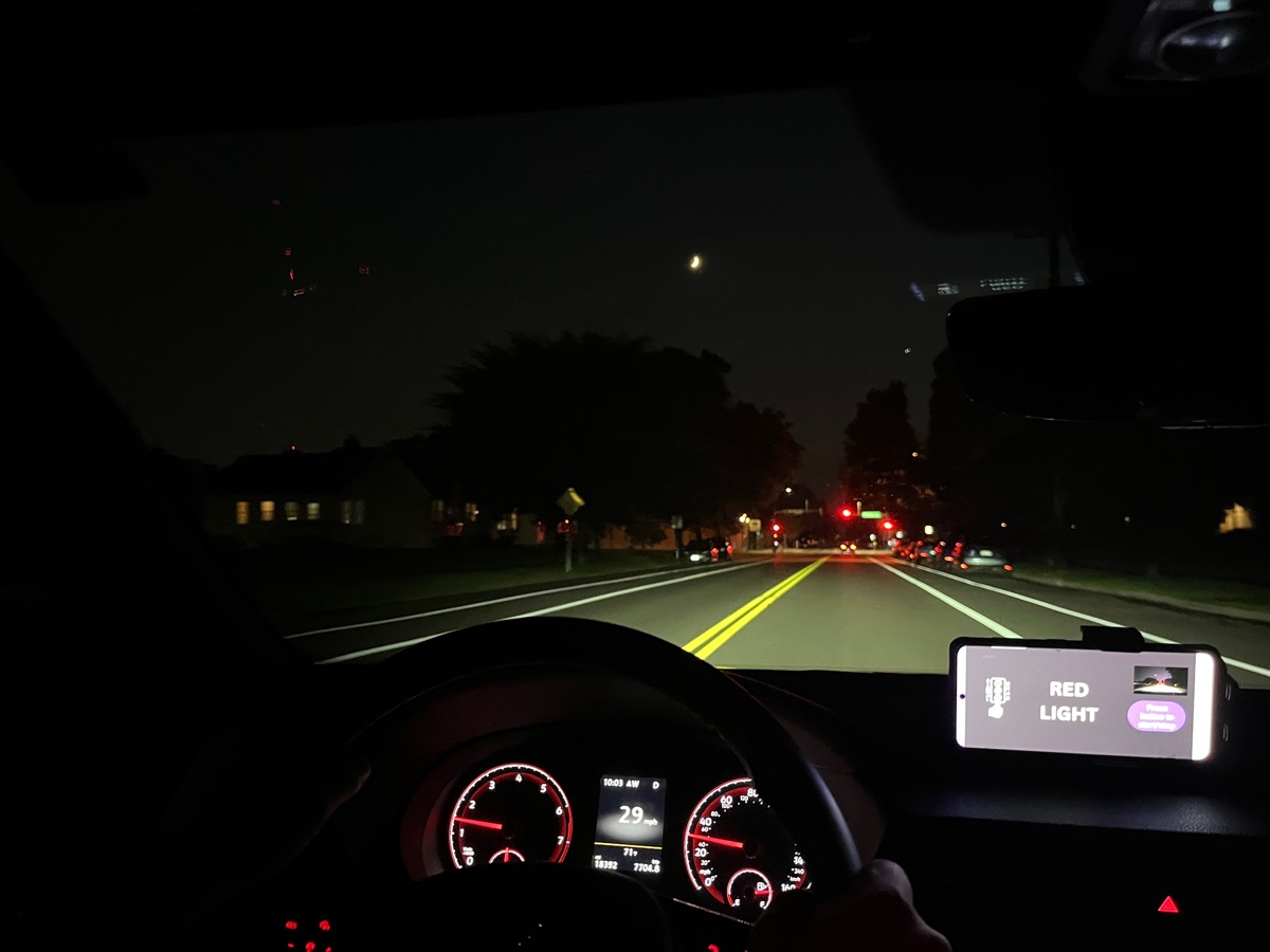 Driver's view of SignalGrab detecting a red light ahead